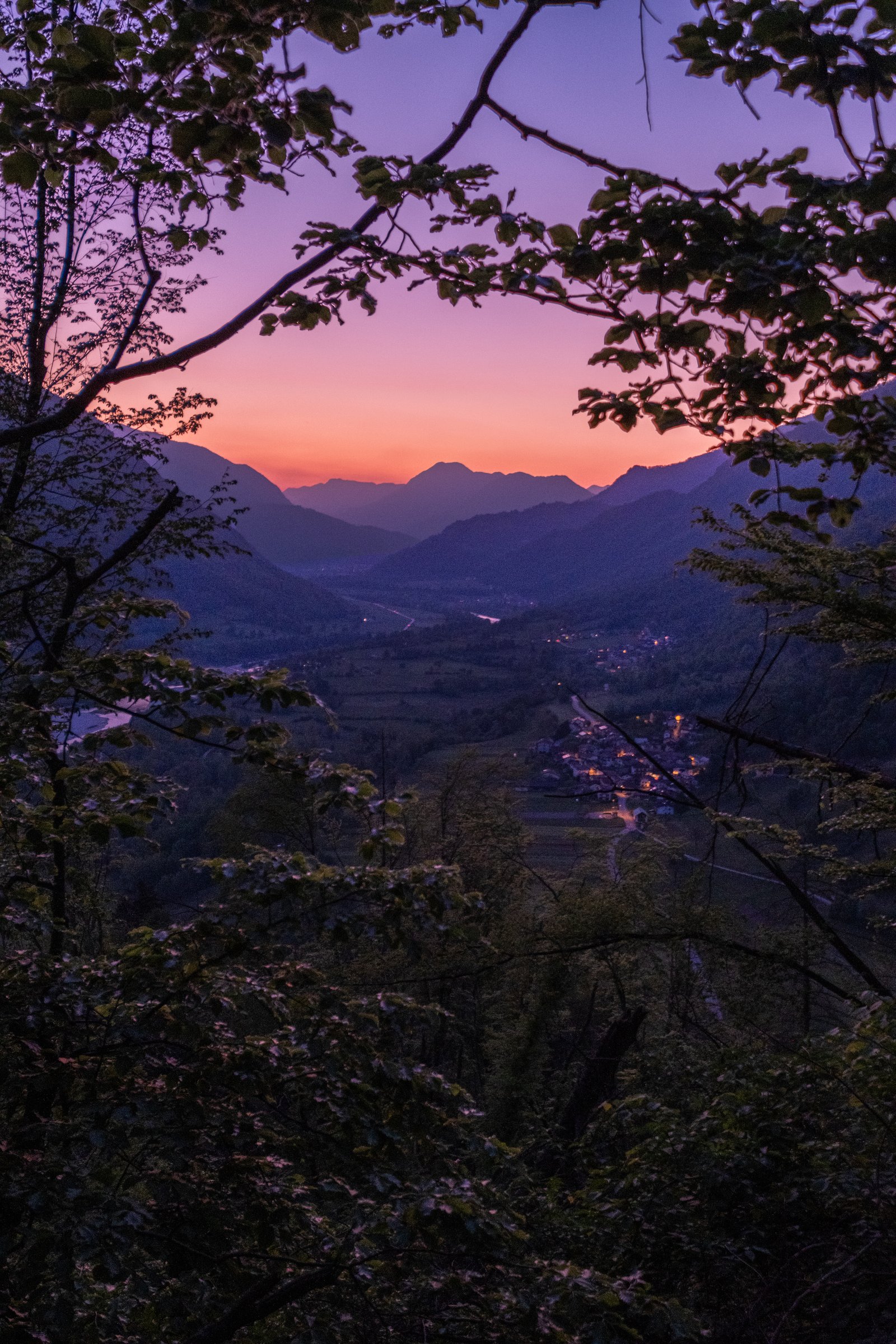 Pink sunset over valley