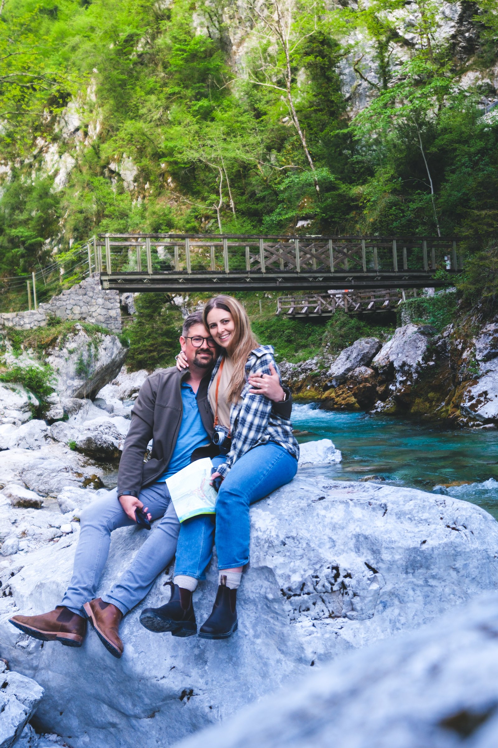 Together on river boulder